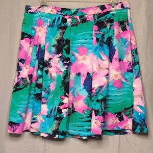 Cynthia Rowley Floral Pleated Skirt Womens Large Teal Pink Tropical Pocket Mini